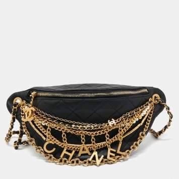 Pre Owned Chanel Black Quilted Leather All About Chains Waist Bag