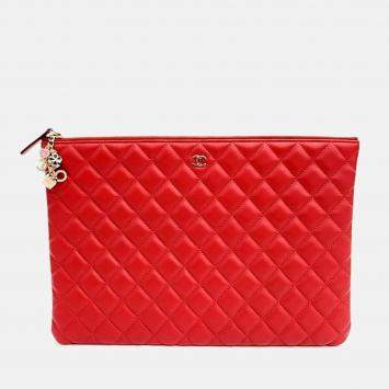 Pre Owned Chanel Red Lambskin Leather Valentine Embellished Clutch bag
