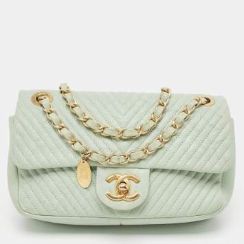 Pre Owned Chanel Mint Green Surpique Chevron Leather Small Flap Bag