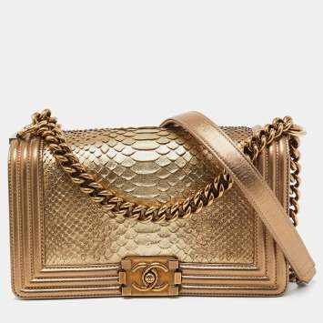 Pre Owned Chanel Metallic Gold Python and Leather Medium Boy Flap Bag
