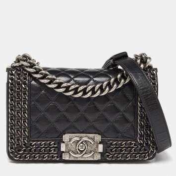 Pre Owned Chanel Black Quilted Leather Small Boy Chained Flap Bag
