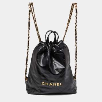Pre Owned Chanel Black Shiny Quilted Leather 22 Backpack