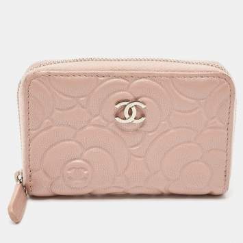 Pre Owned Chanel Pink Camellia Embossed Leather Zip Around Coin Purse