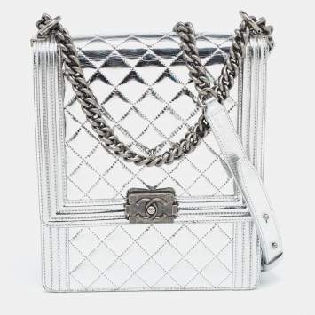 Pre Owned Chanel Silver Quilted Leather North South Boy Flap Bag