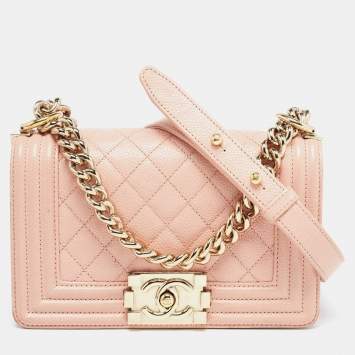Pre Owned Chanel Pink Quilted Caviar Leather Small Boy Flap Bag