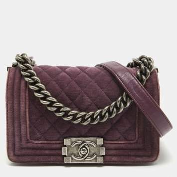 Pre Owned Chanel Purple Velvet Small Boy Bag