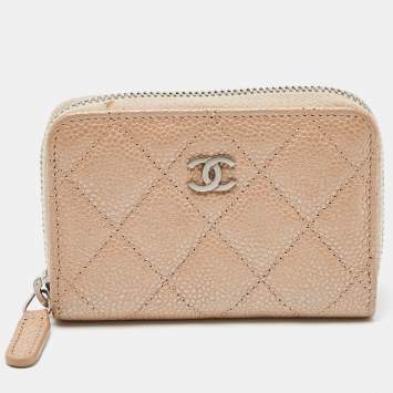 Pre Owned Chanel Beige Quilted Caviar Leather Zip Around Coin Purse
