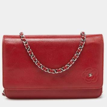Pre Owned Chanel Red Leather Camellia Wallet On Chain
