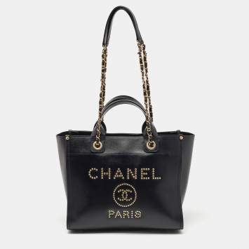 Pre Owned Chanel Black Caviar Leather Small Studded Deauville Tote