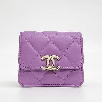 Pre Owned Chanel Purple Leather Coco Chain Card Wallet