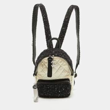 Pre Owned Chanel Black/Off White Quilted Satin and Tweed Sequins Mini Backpack