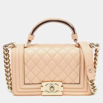 Pre Owned Chanel Beige Quilted Leather Small Boy Top Handle Bag