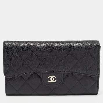 Pre Owned Chanel Black Quilted Caviar Leather Classic Flap Wallet