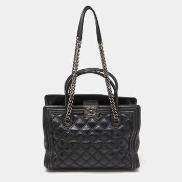 Pre Owned Chanel Black Quilted Double Stitch Leather Boy Tote