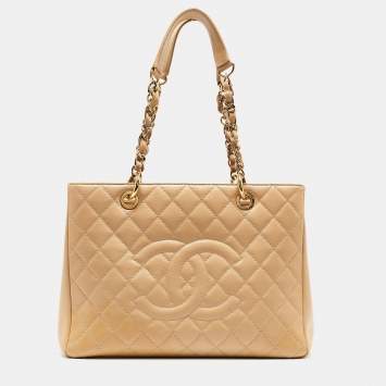 Pre Owned Chanel Beige Quilted Caviar Leather Grand Shopper Tote
