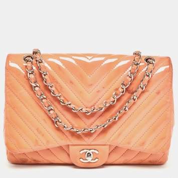 Pre Owned Chanel Pink Chevron Patent Leather Jumbo Classic Single Flap Bag