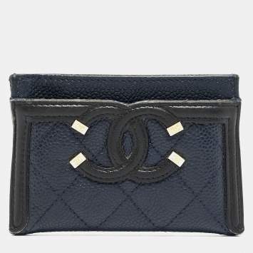 Pre Owned Chanel Blue/Black Quilted Caviar Leather Filigree Card Holder
