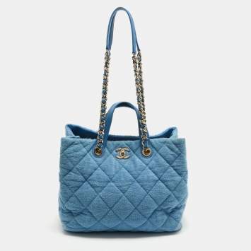 Pre Owned Chanel Light Blue Quilted Terry Cloth Coco Beach Shopper Tote