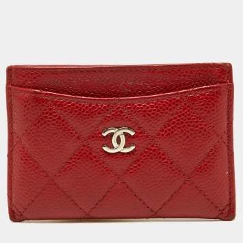 Pre Owned Chanel Red Quilted Caviar Leather CC Card Case