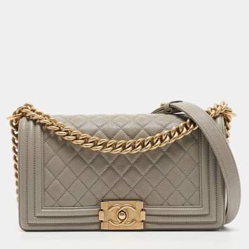 Pre Owned Chanel Grey Quilted Caviar Leather Medium Boy Flap Bag