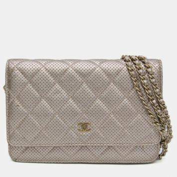 Pre Owned Chanel Silver Perforated Classic Wallet On Chain