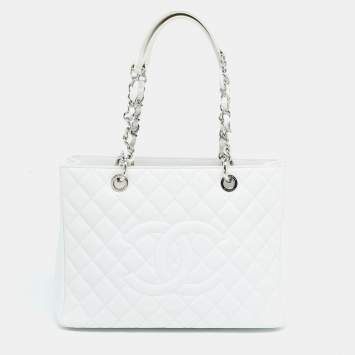 Pre Owned Chanel White Quilted Caviar Leather Grand Shopping Tote