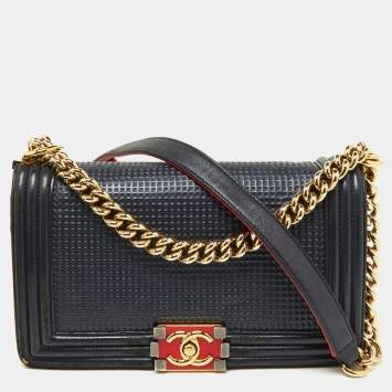 Pre Owned Chanel Dark Blue/Red Cube Embossed Leather Medium Boy Flap Bag
