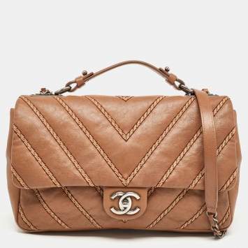 Pre Owned Chanel Brown Chevron Stitched Leather Classic Top Handle Bag