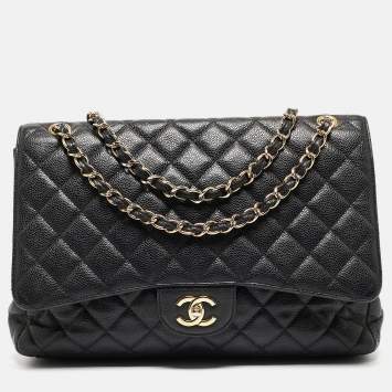Pre Owned Chanel Black Quilted Caviar Leather Maxi Classic Single Flap Bag