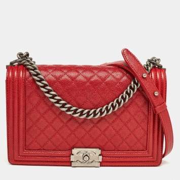 Pre Owned Chanel Red Quilted Caviar Leather New Medium Boy Bag