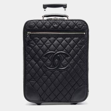 Pre Owned Chanel Black Quilted Nylon 2 Wheeled CC Luggage