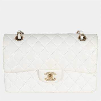 Pre Owned Chanel White Quilted Caviar Small Classic Double Flap Bag  