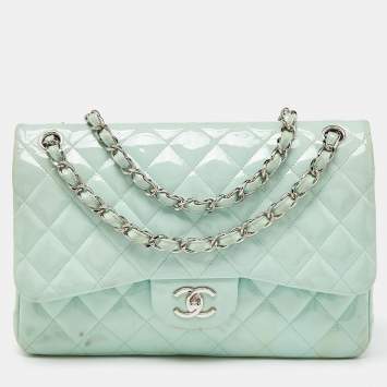 Pre Owned Chanel Green Quilted Patent Leather Jumbo Classic Double Flap Bag