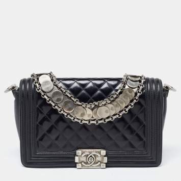 Pre Owned Chanel Black Quilted Patent Leather Medium Boy Bag