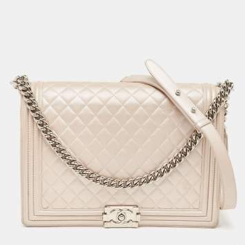 Pre Owned Chanel Pearl White Shimmer Quilted Leather Large Boy Flap Bag