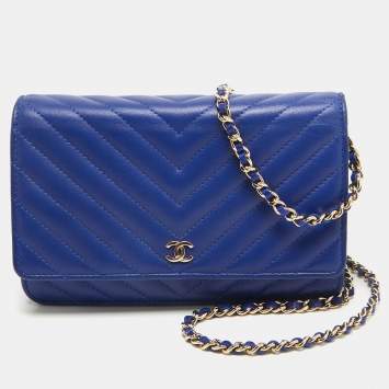 Pre Owned Chanel Blue Chevron Leather Classic Wallet on Chain