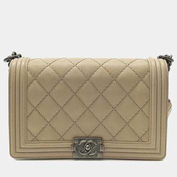 Pre Owned Chanel Beige Leather Medium Stitch Boy Bag
