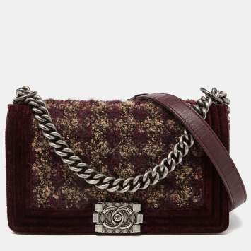 Pre Owned Chanel Burgundy Quilted Tweed,Leather and Velvet Medium Boy Flap Bag