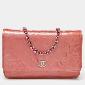 Pre Owned Chanel Pink Camellia Patent and Leather Wallet On Chain
