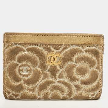 Pre Owned Chanel Gold Suede Camellia Embossed Classic Card Holder