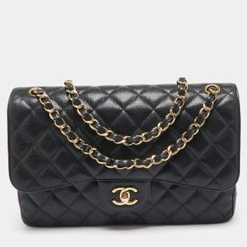 Pre Owned Chanel Black Quilted Caviar Leather Jumbo Classic Double Flap Bag