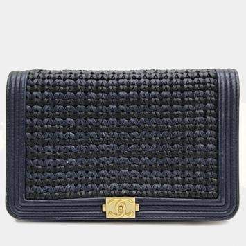 Pre Owned Chanel Blue/Gold Woven Leather New Boy Wallet On Chain