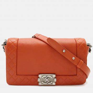 Pre Owned Chanel Orange Leather  Reverso Boy Shoulder Bags