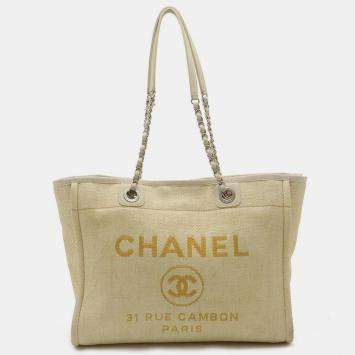 Pre Owned CHANEL Yellow Canvas Deauville Medium Tote MM Bag 