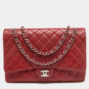 Pre Owned Chanel Red Quilted Caviar Leather Maxi Classic Single Flap Bag