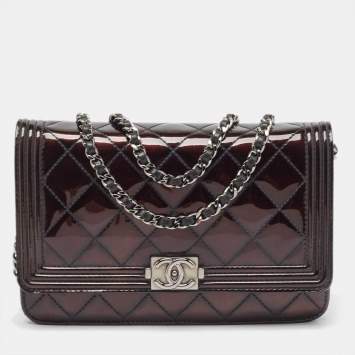 Pre Owned Chanel Metallic Black Quilted Patent Leather Boy Wallet on Chain