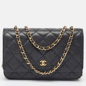 Pre Owned Chanel Black Quilted Caviar Leather Classic Wallet on Chain 