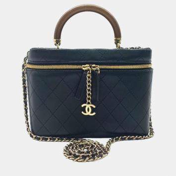Pre Owned Chanel Black Leather Vanity Cosmetic Bag