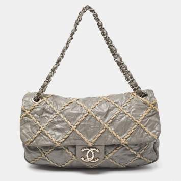 Pre Owned Chanel Grey Quilted Crinkled Leather Ultra Stitch Classic Flap Bag