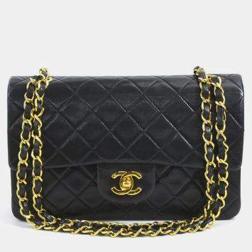 Pre Owned Chanel Black Lambskin Leather Small Classic Double Flap Shoulder Bags